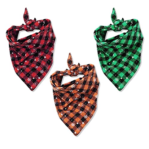 Bandanas para Perros, 3 Piezas de Babero Triangular de algodón a Cuadros, Bandana navideña para Perros pequeños, medianos y Grandes, Gatos, Mascotas (Rojo, Naranja, Verde)