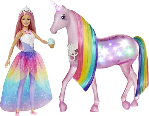 Barbie - Dreamptopia Muñeca con pelo rosa y su unicornio luces mágicas (Mattel GWM78),Embalaje sostenible