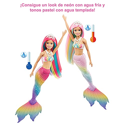 Barbie Muñeca Sirena - Función de Cambio de Color con Agua - Look Fantasía - Pelo Arcoíris y Tiara - Cola Multicolor - Regalo para Niños de 3-7 Años