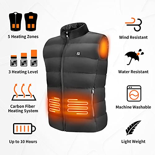 Barrjee Chaleco Calefactable Eléctrico USB para Hombres, Chaqueta Termica con 3 Temperatura Ajustable, Chaleco Calefactor Lavable para Camping Senderismo Esquí Moto (Batería No Incluida)