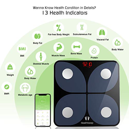 Báscula de Baño Digital Báscula Inteligente Báscula Grasa Corporal Bluetooth, Wireless Báscula Analizar Más de 13 Funciones, Monitores de Composición Corporal Máximo 180 kg para Andriod e iOS (Negro)