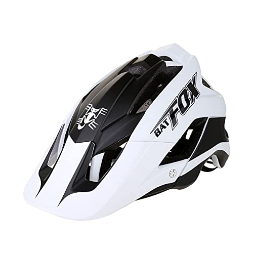 BAT FOX Casco de Ciclismo General para Hombres y Mujeres Adultos, Casco de Bicicleta de Montaña de Tamaño Ajustable de 56-62 cm con Visera Solar Desmontable (Blanco Negro)