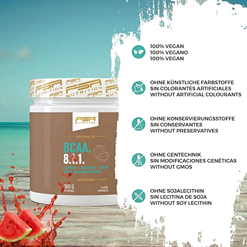 BCAA 8:1:1 aminoácidos esenciales en polvo, veganos y sin dextrosa/maltodextrina, bajos en carbohidratos, 300 g - de la marca de deporte profesional FSA Nutrition, fabricado en Alemania, Sandía
