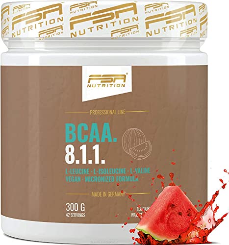 BCAA 8:1:1 aminoácidos esenciales en polvo, veganos y sin dextrosa/maltodextrina, bajos en carbohidratos, 300 g - de la marca de deporte profesional FSA Nutrition, fabricado en Alemania, Sandía