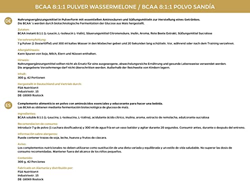 BCAA 8:1:1 aminoácidos esenciales en polvo, veganos y sin dextrosa/maltodextrina, bajos en carbohidratos, 300 g - de la marca de deporte profesional FSA Nutrition, fabricado en Alemania, Sandía