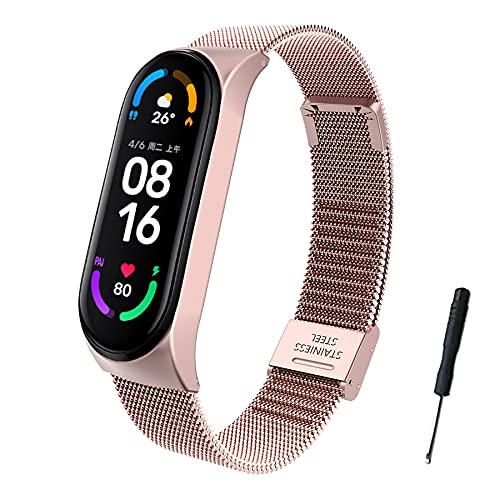 BDIG Correa Compatible para Xiaomi Mi Band 6 Correas Metal Mi Band 5, Pulsera de Acero Inoxidable Agradable para Mi Band 6 & Mi Band 5 Correa(No Host)(Melan Rosa)