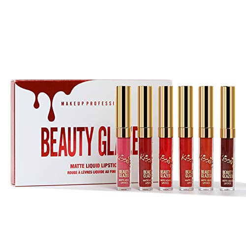 Beauty Glazed Lápiz labial líquido mate Set 6 colores Niebla Lápices labiales duraderos impermeables Copa antiadherente Brillo labial Pigmentos intensos Set de lápiz labial líquido vegano sin crueldad