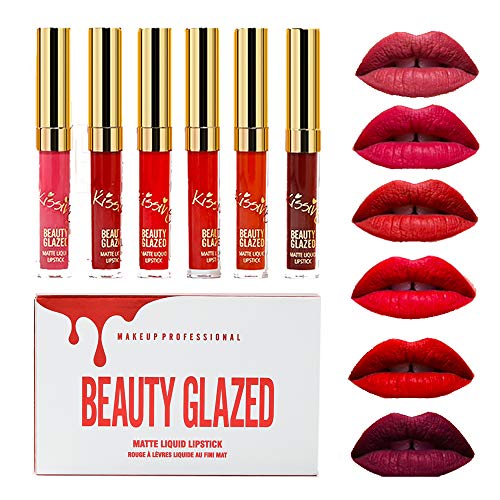 Beauty Glazed Lápiz labial líquido mate Set 6 colores Niebla Lápices labiales duraderos impermeables Copa antiadherente Brillo labial Pigmentos intensos Set de lápiz labial líquido vegano sin crueldad