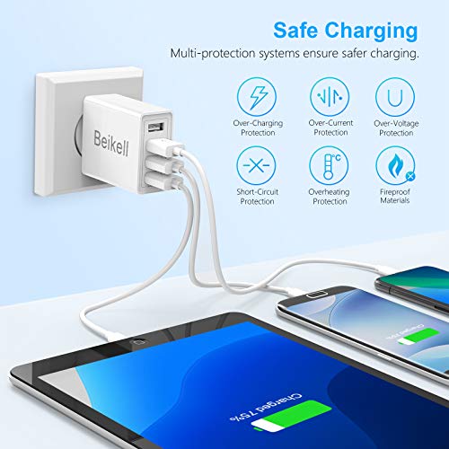 Beikell Cargador USB de Pared con 4 Puertos, 5A/25W Rápido Cargador Móvil, Cargador USB Multipuerto Enchufe Europeo para Phone X/XS/XS Max/XR, iPad Pro/ Air, Android y más