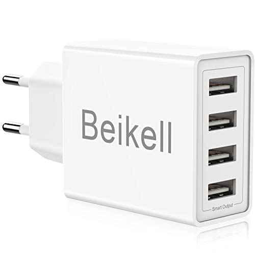 Beikell Cargador USB de Pared con 4 Puertos, 5A/25W Rápido Cargador Móvil, Cargador USB Multipuerto Enchufe Europeo para Phone X/XS/XS Max/XR, iPad Pro/ Air, Android y más