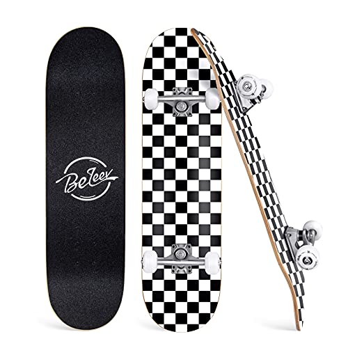 BELEEV Skateboard 79 x 20 cm, Monopatín Completo para Principiantes, Niña, Niño, Adolescentes y Adulto, 7 Láminas de Arce Canadiense, Doble Patada, Tabla Cóncava, Cruiser Skateboard (Schwarz Weiß)