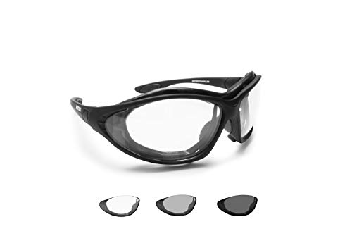 Bertoni Gafas de Moto Lentes Fotocromaticas Anti-Vaho - Patillas sustituibles con banda elastica - F333A Italy Negro Opaco - Gafas Motoristas Envolventes Anti-viento