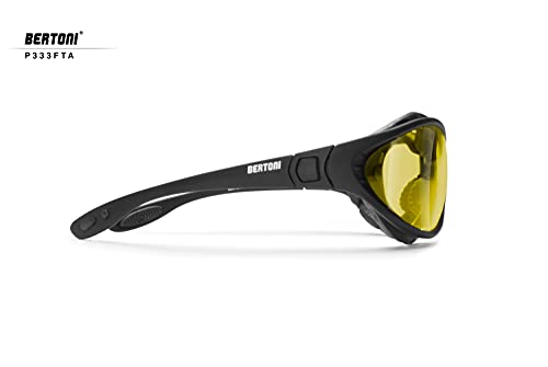 BERTONI Gafas de Moto Lentes Fotocromaticas Polarizadas - Patillas sustituibles con banda elastica - P333FTA Italy Negro Opaco - Gafas Motoristas Envolventes Anti-viento