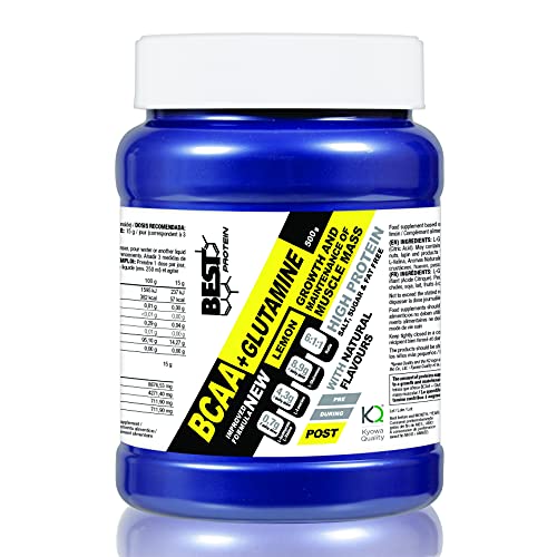 Best Protein BCAA + Glutamina. Aminoácidos Ramificados Ratio 6:1:1. Recuperación y Ganar Masa Muscular. 500g (Limón)