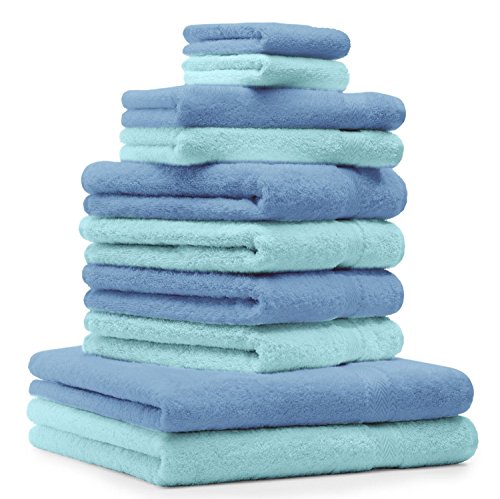 Betz Juego de Toallas de 10 Piezas 2 Toallas de baño 4 Toallas de Mano 2 Toallas para Invitados 2 Manoplas de baño 100% algodón Toalla Ducha baño Mano Premium de Color Azul Claro y Turquesa