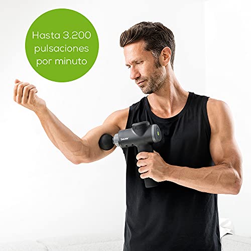 Beurer MG 180 Massage Gun, pistola de masaje con 6 accesorios, 4 niveles de intensidad para un masaje muscular selectivo, aplicable a todas las partes del músculo para su activación y regeneración