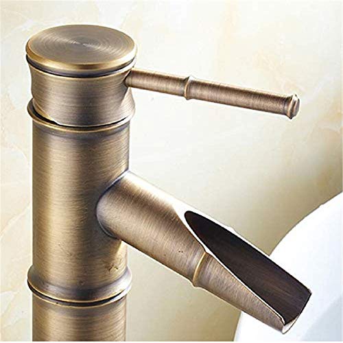 BH-JJSMGS,Cuarto de baño de latón antiguo lavabo cascada caño grifo, bambú retro aumento de lavabo lavabo sola palanca de agua fría y caliente que mezcla el grifo del baño