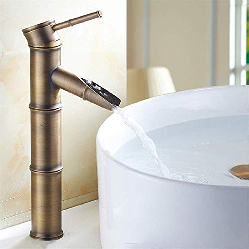 BH-JJSMGS,Cuarto de baño de latón antiguo lavabo cascada caño grifo, bambú retro aumento de lavabo lavabo sola palanca de agua fría y caliente que mezcla el grifo del baño