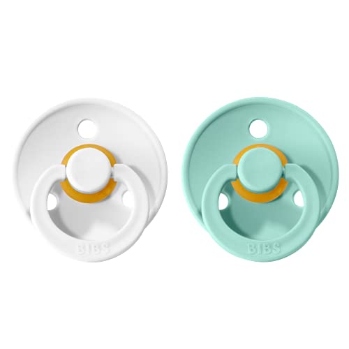 BIBS Colour Paquete de 2 chupetes. Libre de BPA, Tetina redonda. Látex natural, Talla 1 (0-6 meses), White/Mint