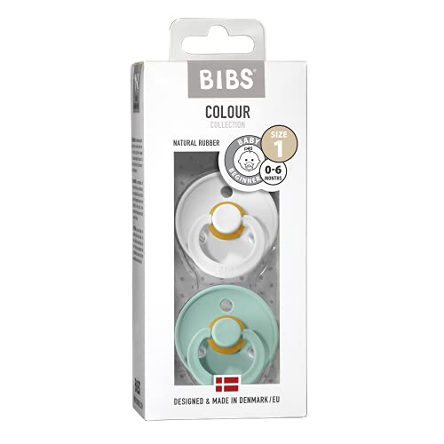 BIBS Colour Paquete de 2 chupetes. Libre de BPA, Tetina redonda. Látex natural, Talla 1 (0-6 meses), White/Mint