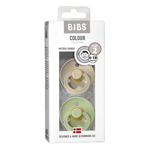 BIBS Colour Paquete de 2 chupetes. Libre de BPA, Tetina redonda. Látex natural, Talla 2 (6-18 meses), Sand/Pistachio