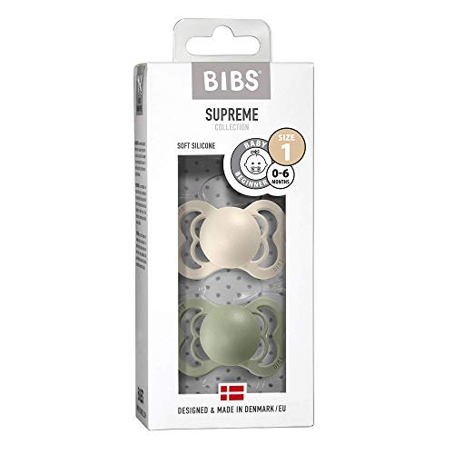 BIBS Supreme Paquete de 2 chupetes. Libre de BPA, Tetina con forma simétrica. Silicona, Talla 1 (0-6 meses), Ivory / Sage