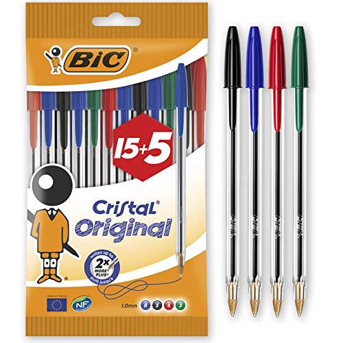 BIC Cristal Original Bolígrafos Punta Media (1,0 mm) – Colores Surtidos, Blíster de 15+5 Unidades, para escritura suave, certificados con etiqueta ecológica