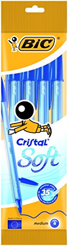 BIC Cristal Soft - Bolígrafos de punta media (1.2 mm), blíster de 4 unidades, color azul, para escritura suave