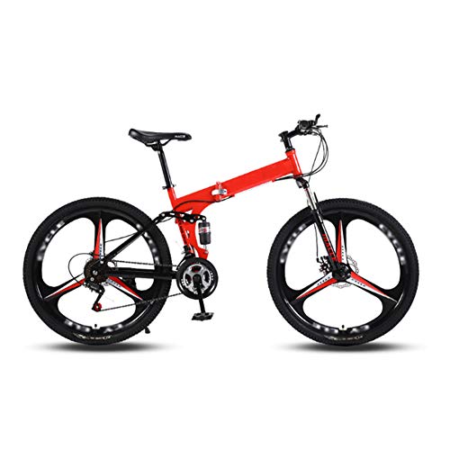 Bicicleta de montaña plegable, de acero de alto carbono, bicicleta de montaña, tres ruedas de corte de 24 pulgadas/21/24/27, velocidad variable, doble absorción de impactos, color rojo, 24 velocidades
