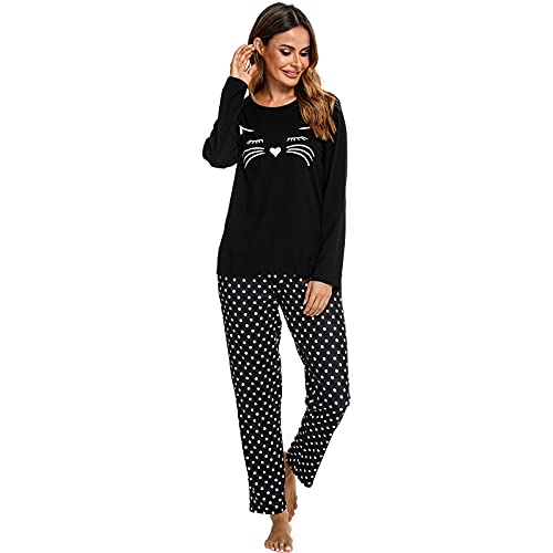 BIKING Pijamas de Manga Larga, Pijamas de Mujer Pijamas Bonitos Pijamas de Lunares Conjunto de Pijamas de Viaje en casa cómodos y Casuales (Negro, M)