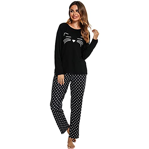 BIKING Pijamas de Manga Larga, Pijamas de Mujer Pijamas Bonitos Pijamas de Lunares Conjunto de Pijamas de Viaje en casa cómodos y Casuales (Negro, M)