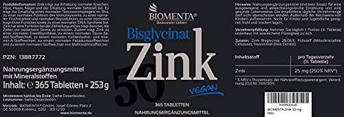 BIOMENTA Zinc 50 mg - vegano - bisglicinato de zinc dosis alta con 25 mg de zinc por ½ tableta - 365 tabletas de zinc