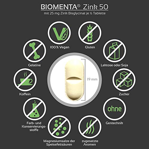 BIOMENTA Zinc 50 mg - vegano - bisglicinato de zinc dosis alta con 25 mg de zinc por ½ tableta - 365 tabletas de zinc