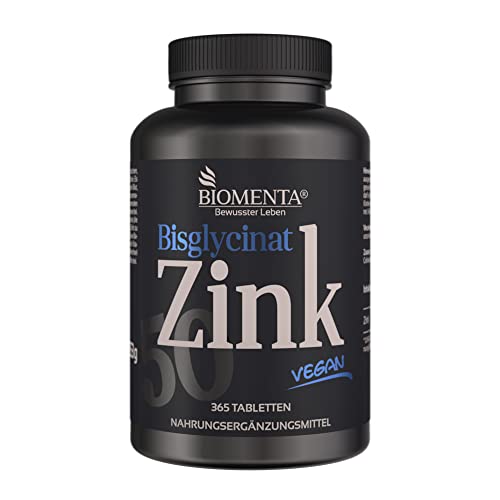 BIOMENTA Zinc 50 mg - vegano - bisglicinato de zinc dosis alta con 25 mg de zinc por ½ tableta - 365 tabletas de zinc