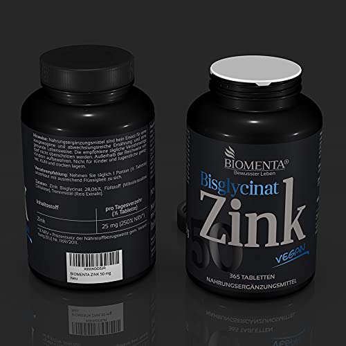 BIOMENTA Zinc 50 mg - vegano - bisglicinato de zinc dosis alta con 25 mg de zinc por ½ tableta - 365 tabletas de zinc