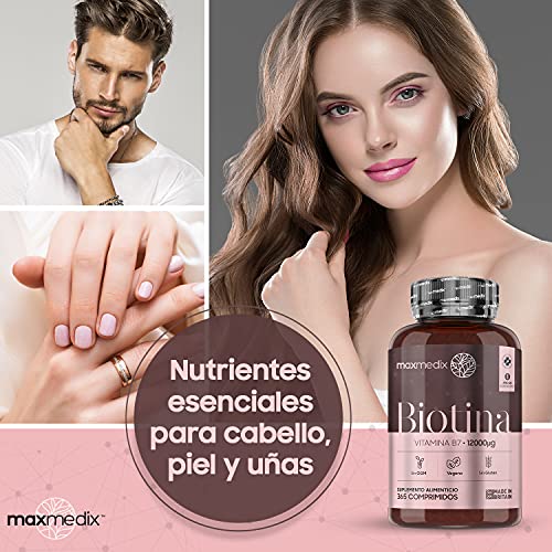 Biotina Natural 12000 mcg Dosis Alta, 365 Comprimidos Veganos - Suplemento Vitamínico Para Crecimiento del Cabello y Uñas, Contribuye al Metabolismo Energético Normal, Suministro para 1 Año