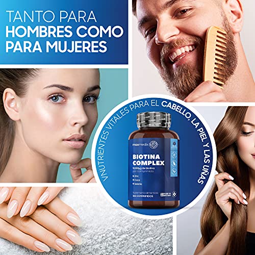 Biotina Zinc y Selenio 10000 mcg 365 Comprimidos Vegano - Suplemento Vitamínico Para Crecimiento Cabello, Piel y las Uñas, Enriquecido con Aceite de Coco Contribuye al Metabolismo Energético Normal