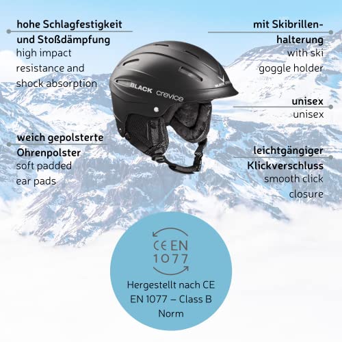 BLACK CREVICE Ischgl Casco de esquí I Casco esquí a Prueba de Golpes con diseño Deportivo Hombre y Mujer I Casco de Snowboard y esquí Transpirable I Tamaño Ajustable (M, Negro)