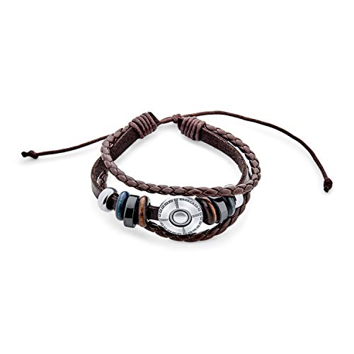 Bling Jewelry Retro Boho Bohemian Surf Zen Coin Concho Brown Genuino Cuero Cuerda Trenza Triple Wrap Multi Capa Escudo Madera abalora Encanto Pulsera bolo Pulsera para Mujeres Hombres Ajustable