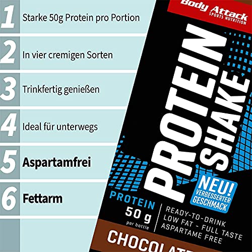 Body Attack Batido de proteínas bajas en carbohidratos, proteína de la leche, bebida preparada en botella de 500 ml, turrón de nueces de chocolate