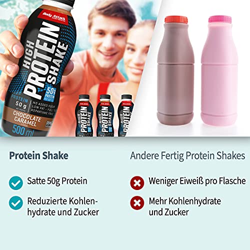 Body Attack Batido de proteínas bajas en carbohidratos, proteína de la leche, bebida preparada en botella de 500 ml, turrón de nueces de chocolate