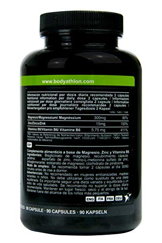 Bodyathlon- ZMA- Zinc Magnesio Vitamina B6– Suplemento deportivo testosterona- Recuperador Muscular- Evita el cansancio- Sistema Inmunitario- Evita el catabolismo y los calambres- 90 cápsulas- Vegano