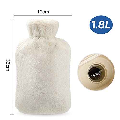 Bolsa de Agua Caliente, Homealexa Botellas de Agua Caliente con Suave Felpa Funda 2L Natural Goma Agua Caliente Bolsa Hot Water Bottle para Mantener el Agua Beige