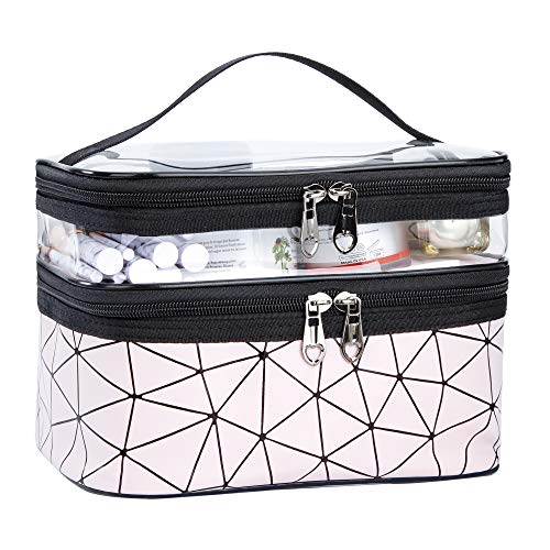 Bolsa de Maquillaje de Viaje Portátil Bolsa de Cosméticos Neceser con Cremallera, Impermeable Doble Capa Organizador de Artículos de Tocador para Mujer y Niñas, Rosado