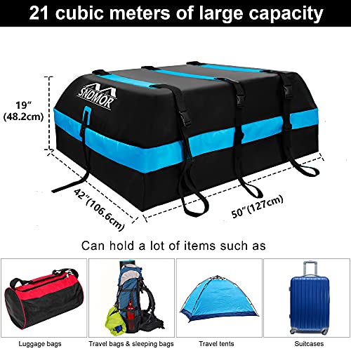 Bolsa de Techo SNDMOR, Equipaje de Techo Impermeable de 21 pies cúbicos, Adecuada para Todos los vehículos con / sin portaequipajes, Incluye Alfombra Antideslizante + 6 Correas de Refuerzo