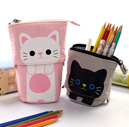 Bolsas telescópicas para lápices Hillento, soporte para lápices, caja de lápices telescópica para gatos organizador de bolígrafos bolsa de papelería, pequeña bolsa de cosméticos con cremallera, azul