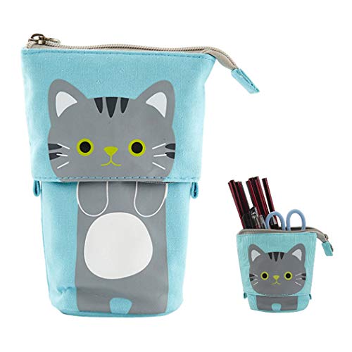 Bolsas telescópicas para lápices Hillento, soporte para lápices, caja de lápices telescópica para gatos organizador de bolígrafos bolsa de papelería, pequeña bolsa de cosméticos con cremallera, azul