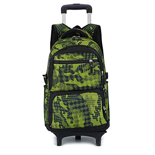 Bolso con Ruedas Mochila Escolar Bolso de la Carretilla Camuflaje del Balanceo Niños(Fluorescente Verde 2 Ruedas)