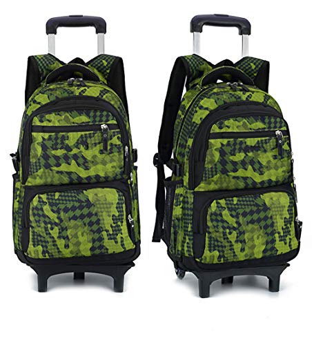 Bolso con Ruedas Mochila Escolar Bolso de la Carretilla Camuflaje del Balanceo Niños(Fluorescente Verde 2 Ruedas)