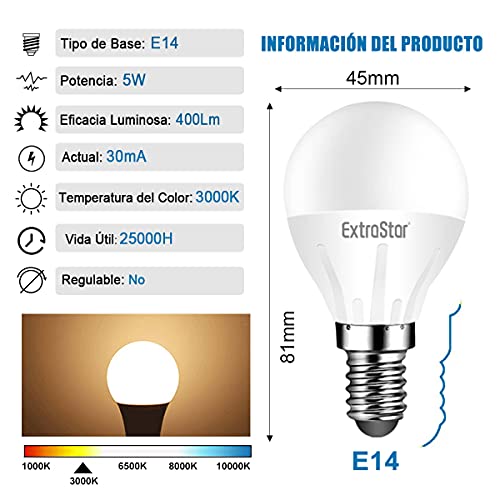 Bombilla LED E14, 5W Equivalente a 40W, Luz Cálida 3000K, 400 Lúmen, Bombillas Casquillo Fino, Ahorro de Energía, No regulable, Paquete de 10